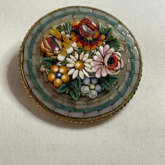 Jewelry - Vintage Italian, Micro Mosaic Floral Brooch. Handcrafted Millefiori Pin, Italy